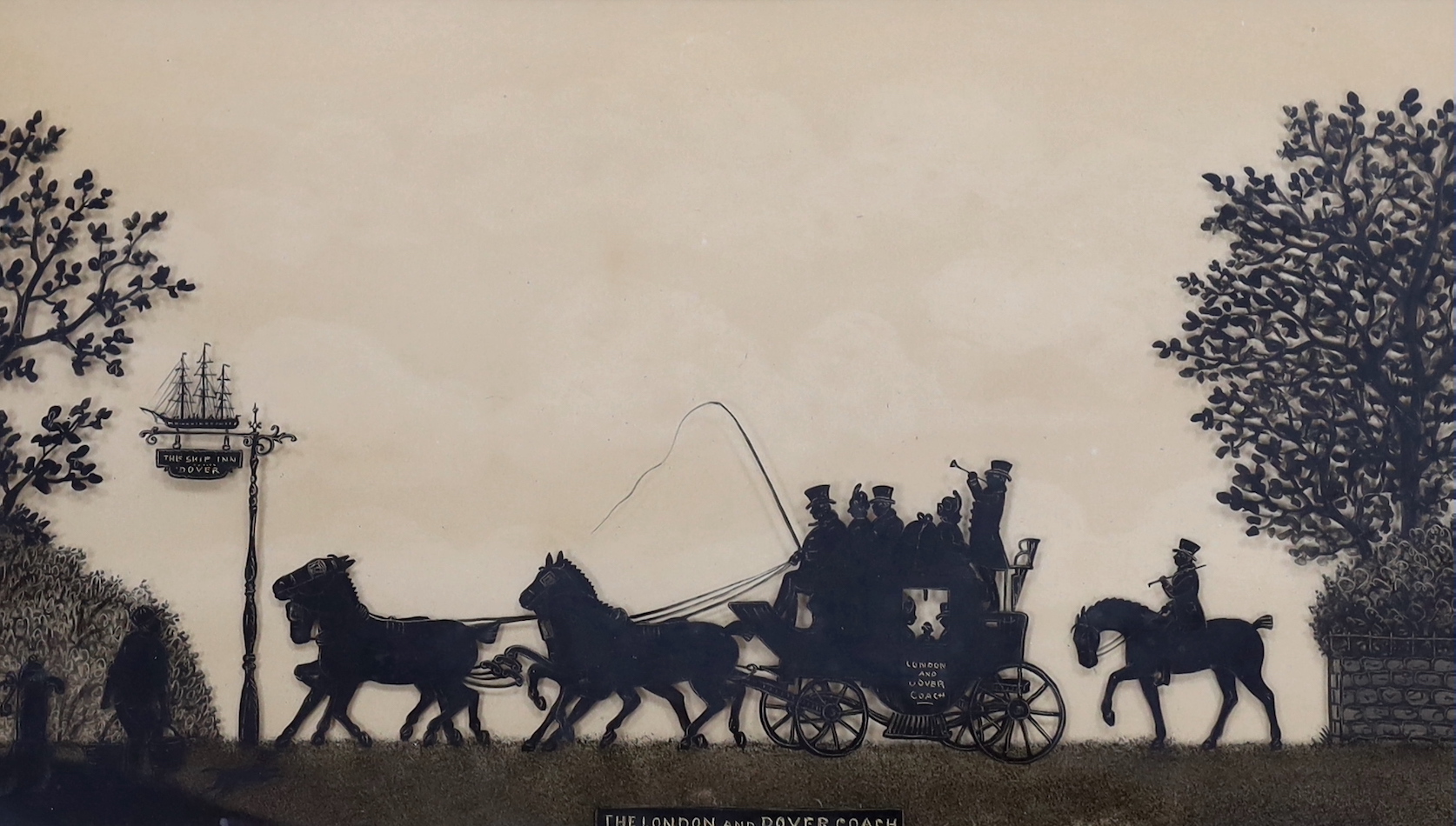 19th century English School, 'The London and Dover Coach', a silhouette study, 28 x 46cm
